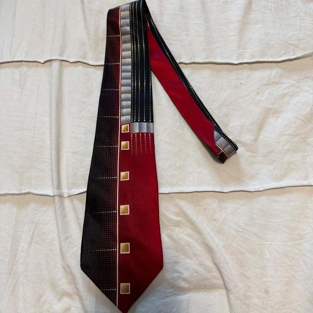 Pierre Cardin Vintage Geometric Silk Tie Red Black Silver
